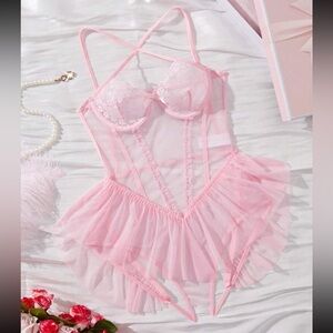 Elegant Pink Lace Bodysuit small